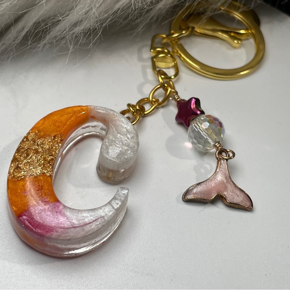 Custom Orange, Pink and Cream Letter “C” Keychain With Gold Foil Inlay - Picture 7 of 7